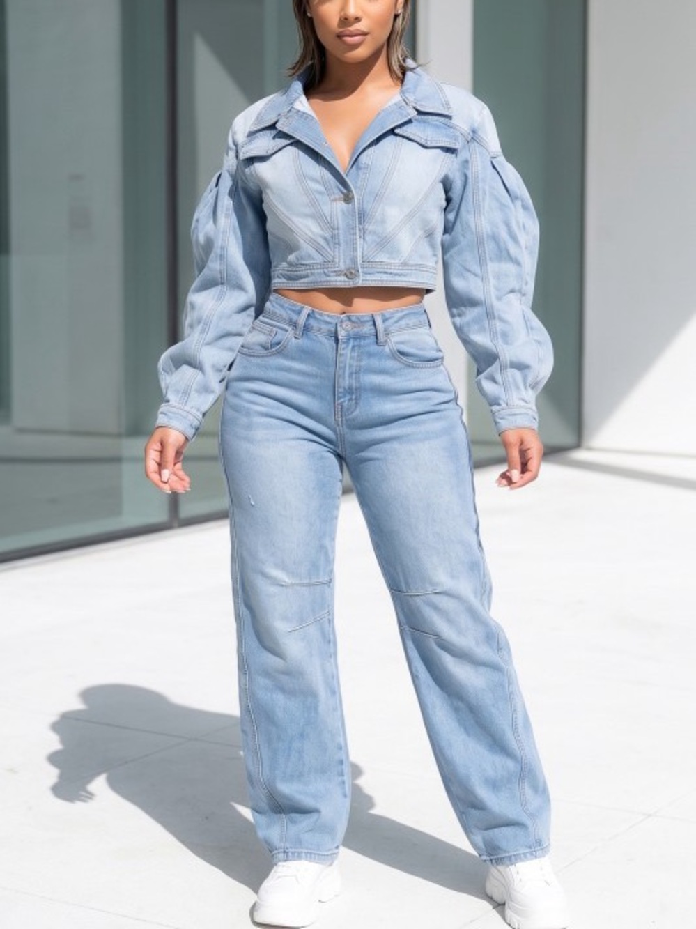 Cropped Light Blue Denim Jacket & High-Rise Jean Set ST-83218